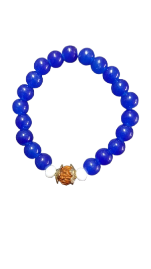 AIDARUD021 Bracelet Opaque Blue beads with one Rudraksha